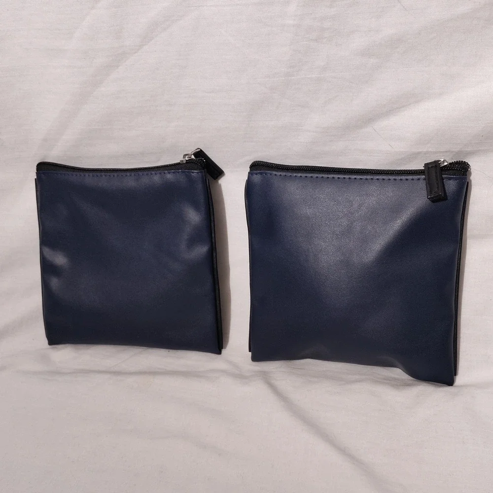 TUMI for Delta Navy Blue Faux Leather Travel Amenity Pouch Set of 2 Zippered